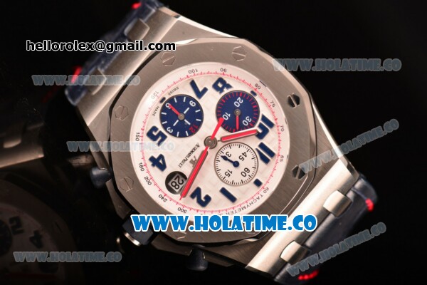 Audemars Piguet Royal Oak Offshore Tour Auto 2012 Best Edition Chrono Swiss Valjoux 7750 Automatic Steel Case with White Dial Blue Arabic Numeral Markers and Blue Leather Strap (JF) - Click Image to Close